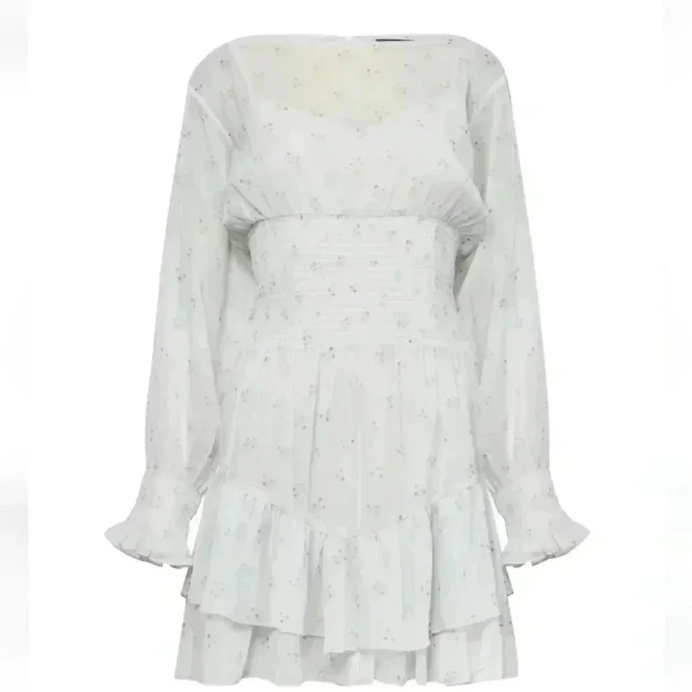 French Connection Cecilia Hallie Recycled Polyester Crinkle Ruffle Mini Dress L - Picture 3 of 13